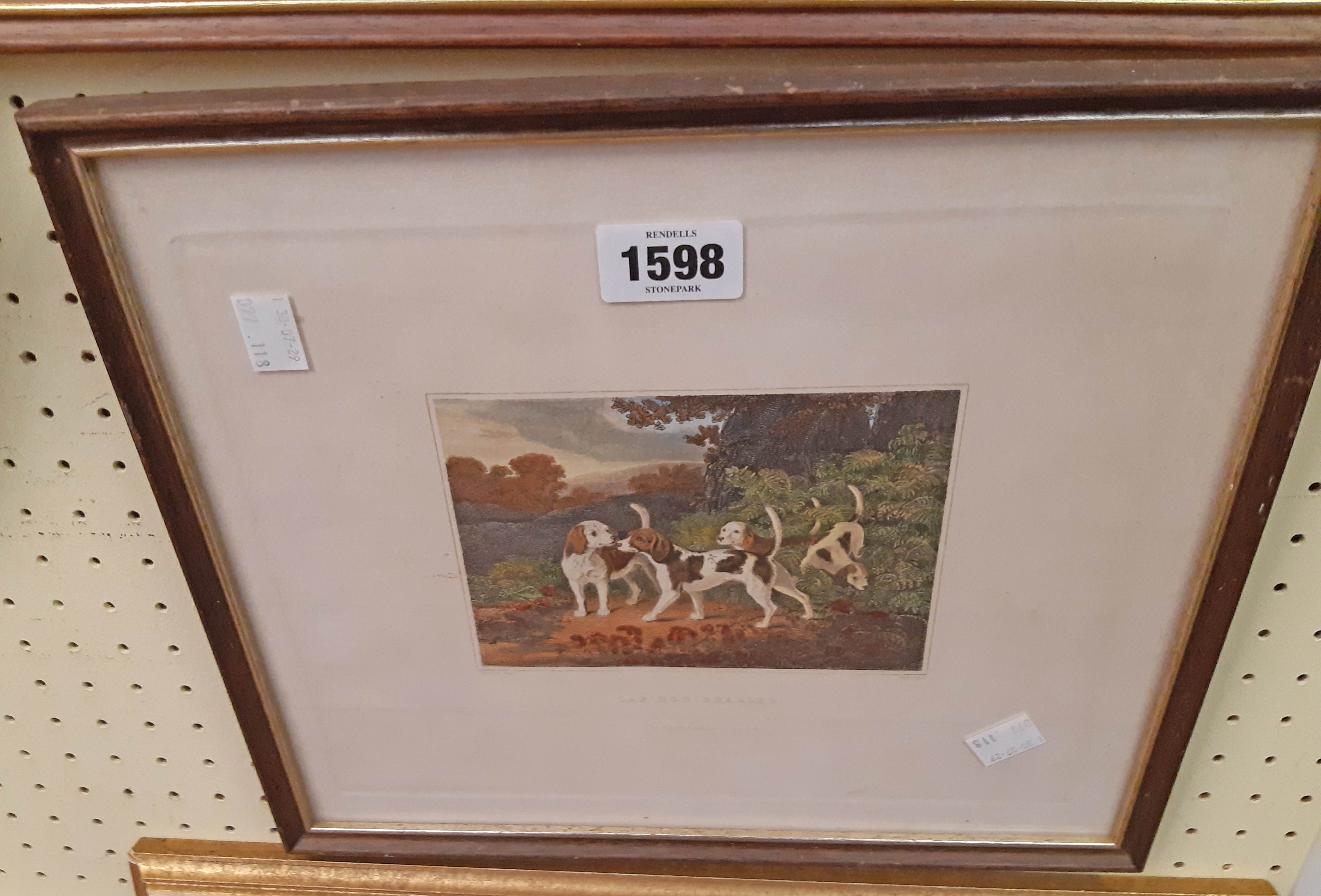 A framed hand coloured engraving after Reinagle "Lap Dog Beagles"