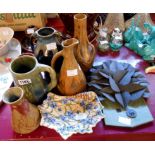 A French Denbac pottery jug with partial tin glaze, a similar Denbac vase, a Burgel two handled