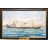 A gilt framed and ebony lined gouache painting, depicting the steam ship Mesopotamia - bearing