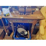 A 30" Edwardian walnut side table with frieze drawer and turned legs - one back top bracket missing,