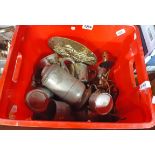 A box containing assorted metalware, etc.