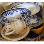A box containing assorted china including meat plates, modern jug and bowl, etc.