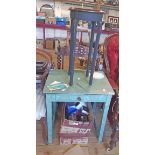 A 24" old side table with frieze drawer, the later painted marbled finish top with trompe l'oeuil