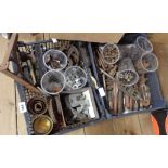Two boxes containing assorted tools including taps and dies, ironmongery, etc.