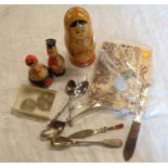 A vintage set of matryoshka dolls, Shell coin set, silver plated bookmark with agate handle, etc.