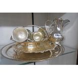A small quantity of silver plated items including six punch bowl cups, salver and footed cake