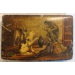 A Tartan ware snuff box with lid depicting a scene from the fable The Monkey and the Cat