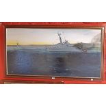 Cdr. J.L. Muxworthy RN: a framed oil on canvas, depicting a graphic image of the attack on HMS