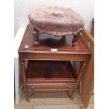 A Victorian mahogany footstool with remains of upholstered top, set on scroll cabriole legs - sold