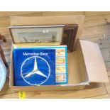 A box containing assorted motoring collectables including a Mercedes Benz clock part picture,