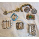 Five antique buckles including silver, gem set, and enamelled - sold with a cloak clasp, etc.