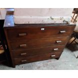 A 3' 3" stained oak and mixed wood wartime utility chest of four long drawers, dated 1941, set on