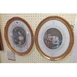 A pair of gilt oval framed antiquarian coloured prints, depicting ladies
