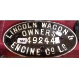 An original Lincoln Wagon and Engine Co. Ltd. wagon plate No. 49244