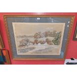 A gilt framed and wide slipped pastel drawing depicting an extensive Winter landscape - indistinctly