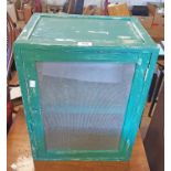 A 16" shabby chic painted meat safe with remains of zinc mesh panels and shelves