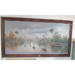 Jackson: a framed 20th Century oil on canvas, depicting an extensive Far Eastern river scene with