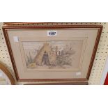 †A. J. Shaw: a framed pencil and wash drawing, depicting a figure in a thatched hut - signed and