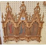 A 19th Century ornate Gothic style gilt framed triptych of original mixed media and gilded images,