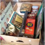 A box containing a quantity of advertising collectables including reproduction Fry's sign, beer