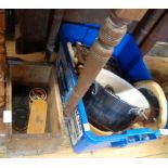 A crate containing an enamel pouring pan, brass stand, pestle and mortar, etc.