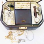 A jewellery case containing a quantity of costume and other jewellery, vintage wristwatch, etc.