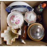 A box of assorted china including Art Deco vase, horse figurine, biscuit barrel, etc.