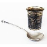 A Russian 84 silver niello work shot cup with architectural decoration - sold with a hard white