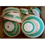 A 1930`s Mintons part dinner service decorated with powder green band, orange rim and yellow
