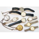 A bag containing a selection of assorted quartz wristwatches and two modern pocket watches with