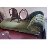 A 6' Victorian rosewood framed chaise longue with button back green velour upholstery, set on