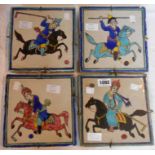 Four Persian Qajar tiles with polo player decoration - 8" square