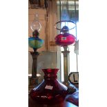 A tall column table oil lamp with ruby glass reservoir and shade (shade a/f)