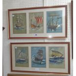 After David Cobb: two frames containing three each vintage P&O menu covers with details verso