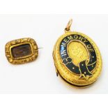 A Victorian yellow metal oval "In Memory Of" part enamelled locket - sold with a small hair panel