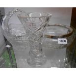 A cut glass basket, vase, and salad bowl with silver plated rim