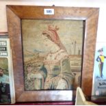 An antique panel backed tapestry portrait of a queen - loose in maple frame