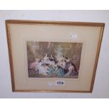 A gilt framed pencil signed coloured print, depicting ladies of fashion circa 1850 - bearing Frost &