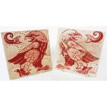 A pair of William de Morgan ruby lustre tiles depicting the Eagle and the Snark - one rubbed