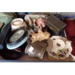 A box of assorted collectables including pewter measure, ashtray, decimal coin sets, etc.