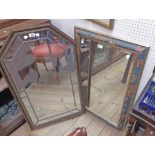 A stained wood framed and leaded effect wall mirror with shaped top - sold with a decorative