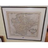 Robert Morden: a Hogarth framed antique hand coloured map print of Devonshire with plate marks to