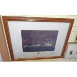 Stan Rosenthal: a framed coloured print, depicting cottages and other buildings in dark palette -