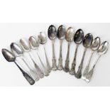 A collection of late Georgian and Victorian silver teaspoons of varying design and makers