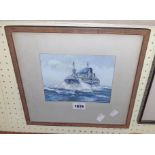 C.J. Ashford: a framed watercolour, depicting a coaster on stormy seas - signed - 5 3/4" X 7 1/2"