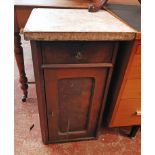 A 19th Century flame mahogany veneered pot cupboard with drawer and associated marble top - a/f