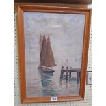 A.W. Higham: a framed oil on canvas, depicting a twin masted sailing boat and jetty - signed - paint