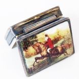 A marked 925 white metal pill box with enamelled hunting scene to hinged lid