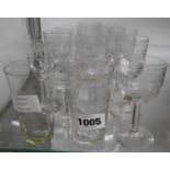 Nineteen assorted vintage etched Greek Key pattern sherry and other glasses