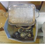 A quantity silver plated items including a pair of entree serving dishes, tea tray and basket, etc.